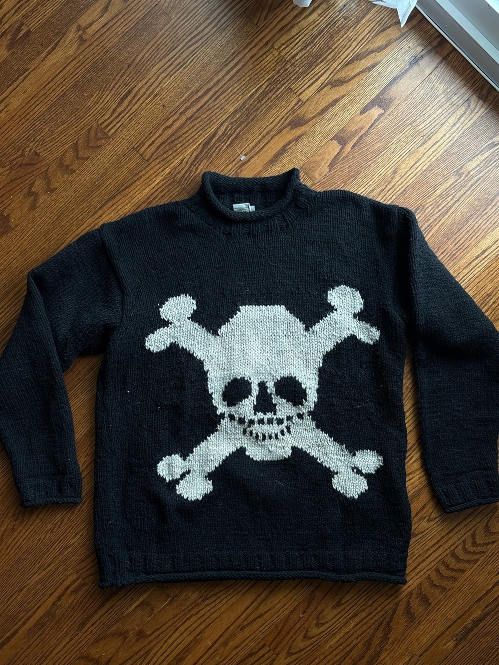 Black Crewneck Sweater with White Skull Graphic